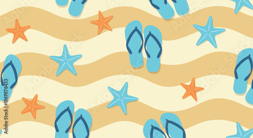 Summer beach seamless pattern with blue flip-flops and orange starfish on wavy golden sand background perfect for vacation and holiday designs.
