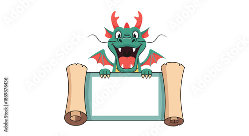 Smiling green chinese dragon character holding a large blank parchment scroll for your custom lunar new year message or traditional announcement.
