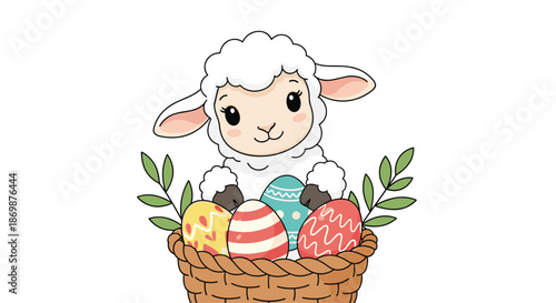 Sweet little lamb sitting inside a wicker basket filled with colorful decorated easter eggs and green sprigs for spring holiday cards and decor.