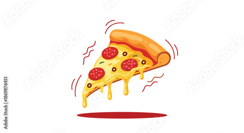 Delicious slice of pepperoni pizza with extra melting cheese and olives isolated on a white background with dynamic motion lines and drop shadow.