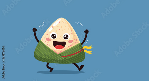 Dancing cartoon rice dumpling zongzi character with a happy face celebrating the traditional dragon boat festival on a solid blue background.