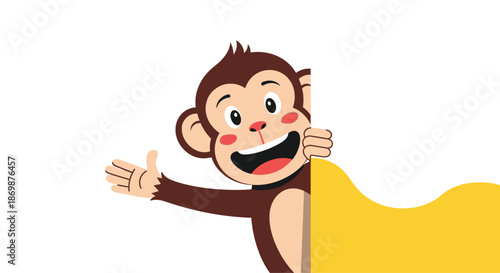 Cheerful monkey character peeking from behind a yellow curved shape and waving its hand in a friendly gesture against a white background design.