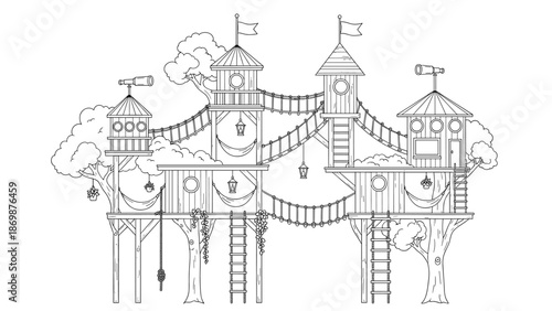 Whimsical treehouse with rope bridges and towers for kids adventure play