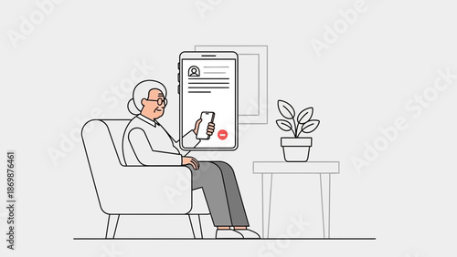 An older woman sitting in an armchair holding a remote control with a medical form on a digital screen beside her