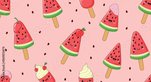 Seamless pattern of cute watermelon ice cream popsicles with happy faces and black seeds on a light pink background for summer dessert themes.