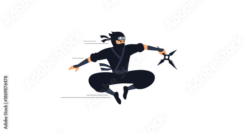 Skilled black ninja character jumping and throwing a shuriken star in a dynamic action pose on a white background for martial arts illustrations.