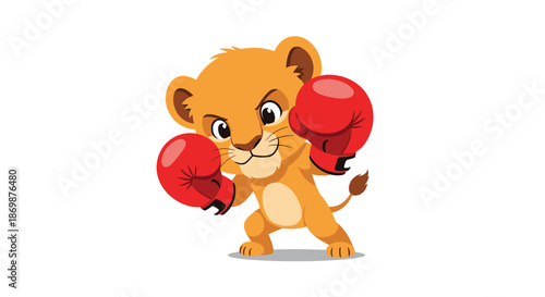 Brave little lion cub wearing large red boxing gloves and standing in a determined fighting pose on a clean white background for sport themes.