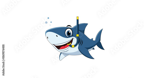 Smiling blue shark character wearing a yellow snorkel and mask for diving and underwater adventures during the summer holiday and beach season.