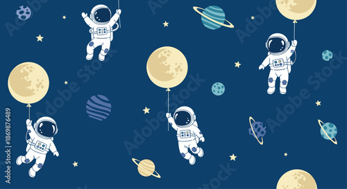 Seamless space pattern with astronauts floating while holding moon balloons among planets stars and comets in a dark blue night sky background.