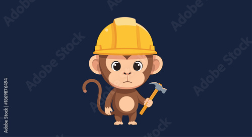 Cute monkey dressed as a construction worker wearing a yellow hard hat and holding a wooden hammer on a dark blue background for career themes.
