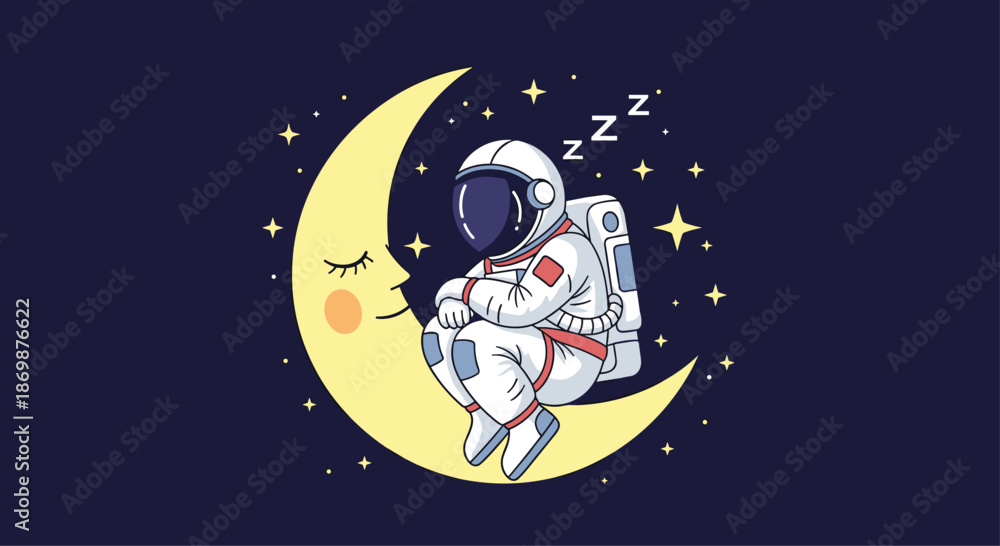 Fototapeta premium Astronaut sitting on a crescent moon with eyes closed, sleeping peacefully in a dark blue sky filled with stars and constellations.