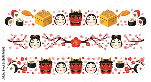 Three decorative borders featuring setsubun festival items including demon masks beans sushi and cherry blossoms.