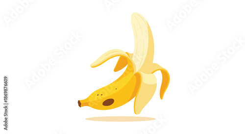Funny cartoon banana character partially peeled and in a dancing or walking pose isolated on white background.