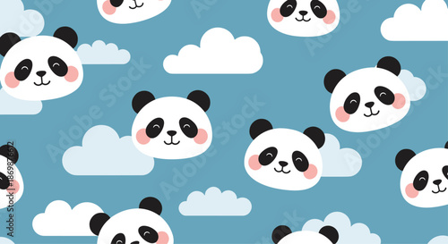 Charming seamless pattern of cute panda faces with pink cheeks and white clouds on a blue background.