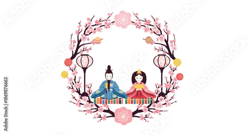 Traditional japanese emperor and empress dolls for hinamatsuri festival framed in a beautiful pink cherry blossom wreath.