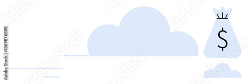 Money bag with dollar sign floating over stylized clouds, representing financial technology, digital banking, online savings, and profitability. Ideal for fintech, cloud storage, e-commerce
