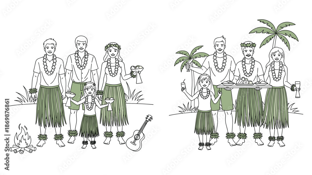 Obraz premium Happy family in traditional Hawaiian attire enjoying tropical vacation with palm trees