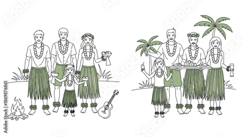 Happy family in traditional Hawaiian attire enjoying tropical vacation with palm trees