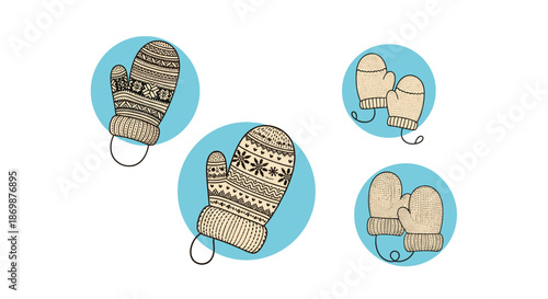 Collection of warm winter mittens with traditional patterns shown in blue circular frames on a simple plain background.