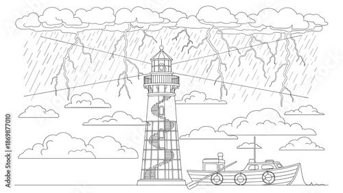 Dramatic lighthouse standing tall during intense stormy weather with boat nearby