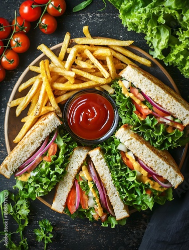 Photo of a sandwich platter with fries, fresh vegetables, and ketchup on the side