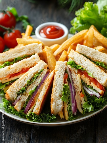 Photo of a sandwich platter with fries, fresh vegetables, and ketchup on the side