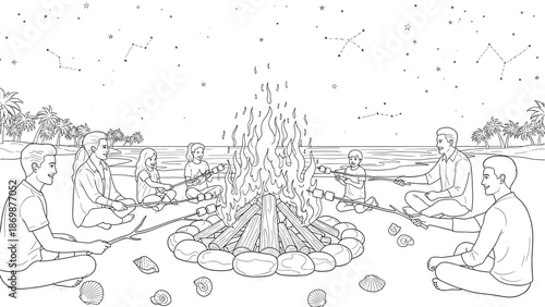 Family and friends enjoy a beach bonfire together at night