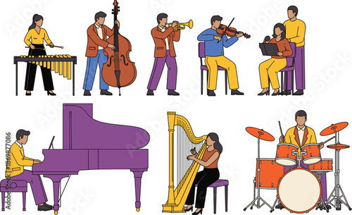 Classical music orchestra musicians set playing piano, violin, trumpet, harp, drums, and other instruments in flat vector illustration
