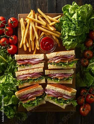 Photo of a sandwich platter with fries, fresh vegetables, and ketchup on the side