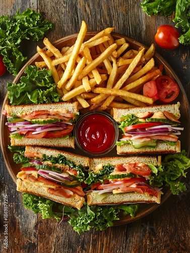 Photo of a sandwich platter with fries, fresh vegetables, and ketchup on the side