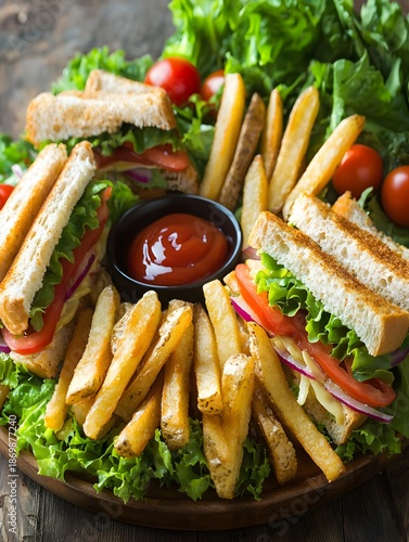 Photo of a sandwich platter with fries, fresh vegetables, and ketchup on the side