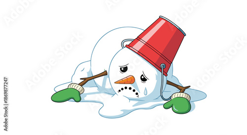 Sad melting snowman with a red bucket hat and green mittens expresses disappointment as winter ends and snow melts.