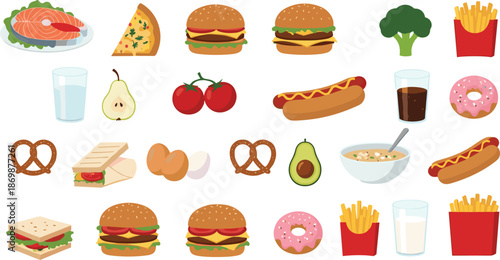 Fast food and healthy food icons set including burgers, pizza, vegetables, drinks, and snacks in flat vector illustration