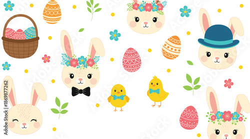 Cute Easter bunny characters and chicks with decorated eggs, flowers, and basket in cheerful flat vector illustration
