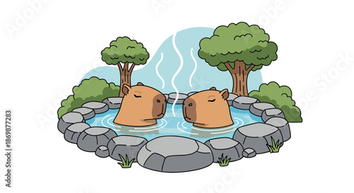 Two capybaras soaking in a steaming hot spring surrounded by rocks and trees in a peaceful outdoor nature setting.