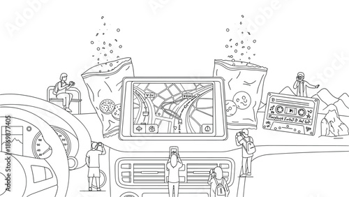 People enjoying snacks and music on road trip with GPS navigation