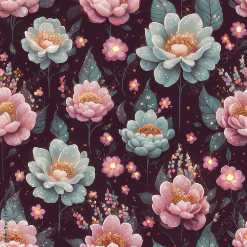 Fantasy pastel garden with glowing flowers and floating leaves in a dreamy whimsical style. Soft colors and magical atmosphere designed as a seamless repeating pattern, suitable for printing, textiles