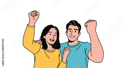 Energetic young man and woman cheering together with their fists raised in the air celebrating a big victory or success.