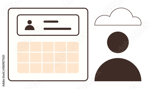 Cloud computing, user management, data storage, digital organization, online profiles, team scheduling. A grid interface with user icon under a cloud shape. Cloud computing and user management theme