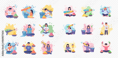 Set of illustrations depicting people celebrating the Holi festival with colorful powders and water guns.