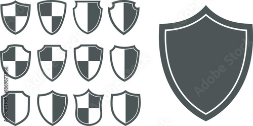 Collection of shields with various designs and patterns