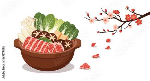 Delicious Japanese hot pot filled with beef, mushrooms, and vegetables next to a branch of blooming pink plum blossoms.
