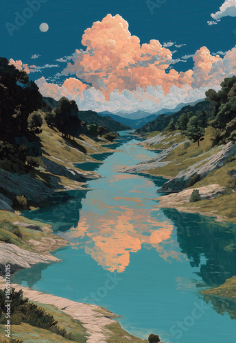 Scenic River Landscape with Pink Clouds.