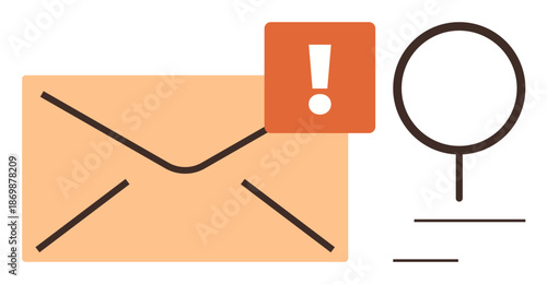 Email security, spam detection, information alert, digital communication, cybersecurity, data analysis. An envelope with a warning symbol and magnifying glass. Email security and spam detection