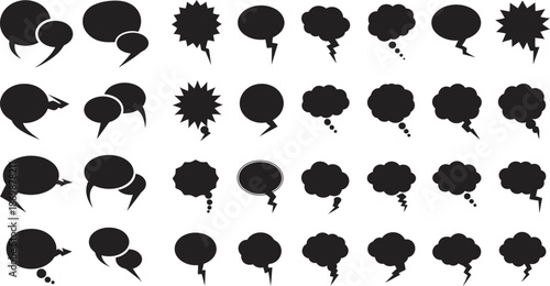 Collection of various speech bubbles and thought clouds in black silhouette