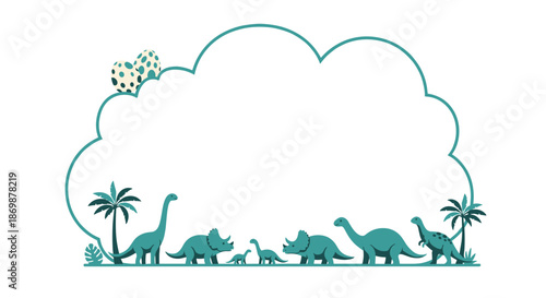 Playful cloud frame decorated with silhouettes of various dinosaurs and tropical palm trees for kids education designs.