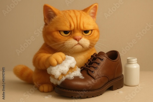 A humorous illustration of a grumpy cat shining shoes.