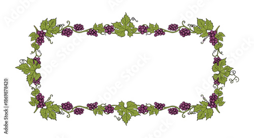 Elegant rectangular frame composed of winding grape vines with lush green leaves and clusters of ripe purple grapes.