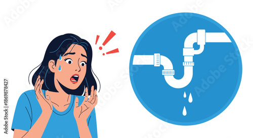 Anxious woman looking stressed next to a circular icon showing a water pipe leaking blue droplets in a plumbing problem.