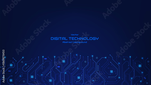 Futuristic digital circuit board background with glowing blue circuit lines and electronic elements. Motherboard technology texture design. AI artificial intelligence. Vector illustration.
